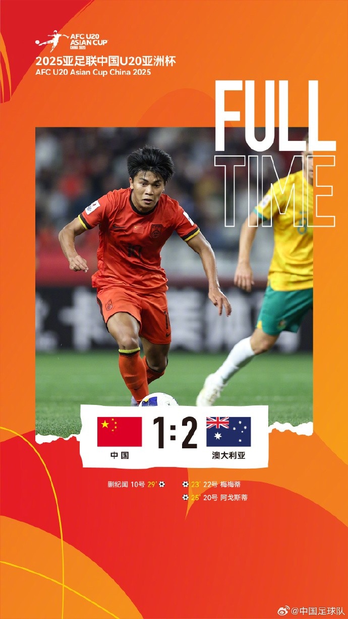  U20亞洲杯小組賽A組第三輪，中國隊1比2負于澳大利亞隊