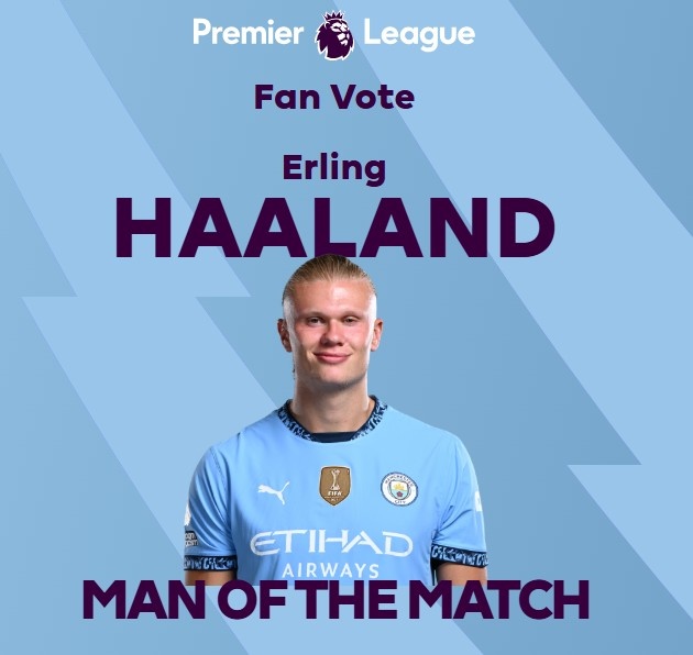  打進致勝球！英超官方：哈蘭德當選曼城1-0熱刺全場最佳球員