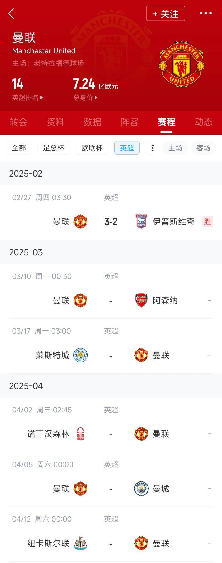  藍(lán)狐救一下？曼聯(lián)未來(lái)5輪將遭遇英超2/3/4/6名：槍手森林曼城紐卡