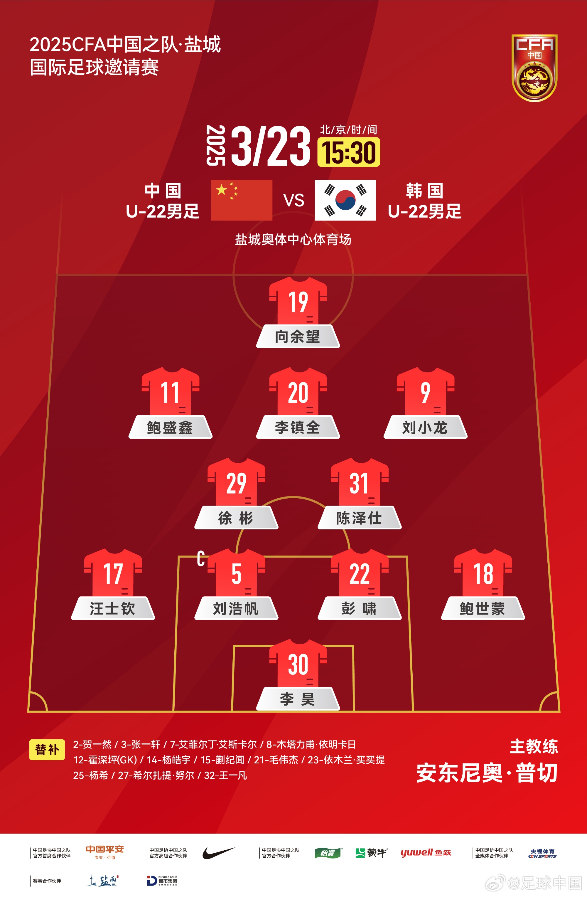  鹽城四國賽，中國U-22男足對陣韓國U-22男足，中國隊首發(fā)陣容