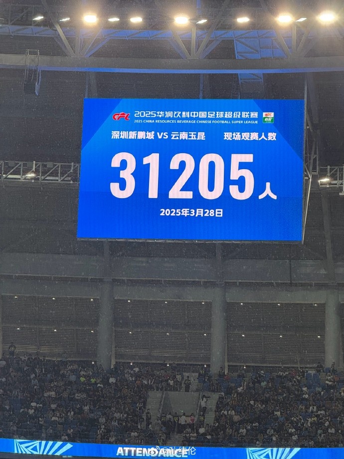 新鵬城新賽季首個(gè)主場現(xiàn)場觀眾31205人，為隊(duì)史最高上座人數(shù)